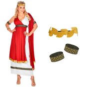 miniatura Mujer posando de frente con el elegante vestido blanco y rojo del disfraz de emperatriz romana con s