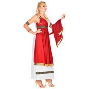 miniatura Mujer posando de frente con el elegante vestido blanco y rojo del disfraz de emperatriz romana con s