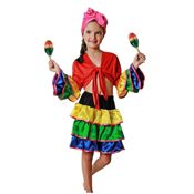miniatura Niña sonriendo de frente sosteniendo dos maracas de juguete luciendo el disfraz de brasileña infanti