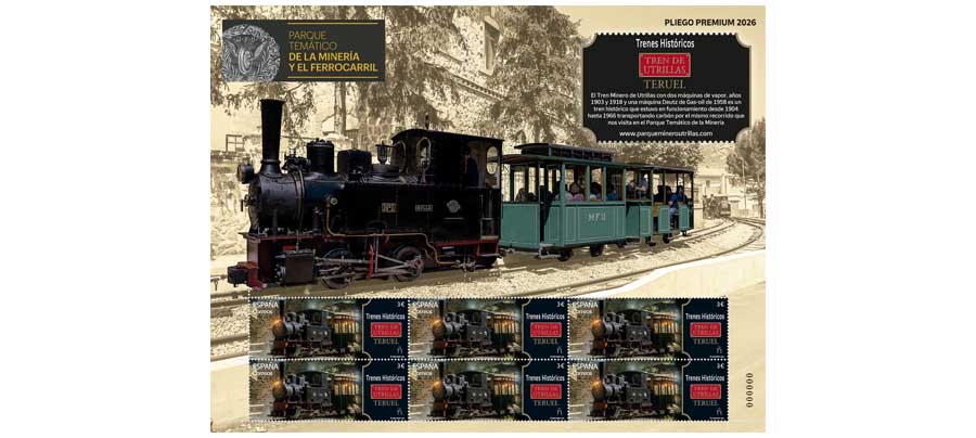 Sello Tren de Utrillas. Teruel | Serie Trenes históricos | Pliego Premium