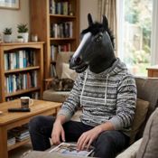 miniatura Máscara de látex de cabeza completa con forma de caballo negro y crin de pelo sintético para adulto 