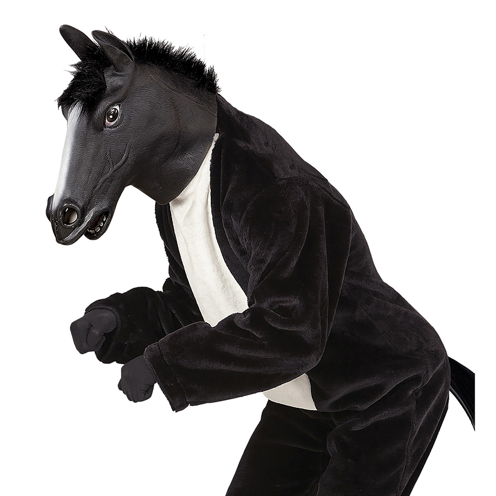 Máscara de látex de cabeza completa con forma de caballo negro y crin de pelo sintético para adulto 