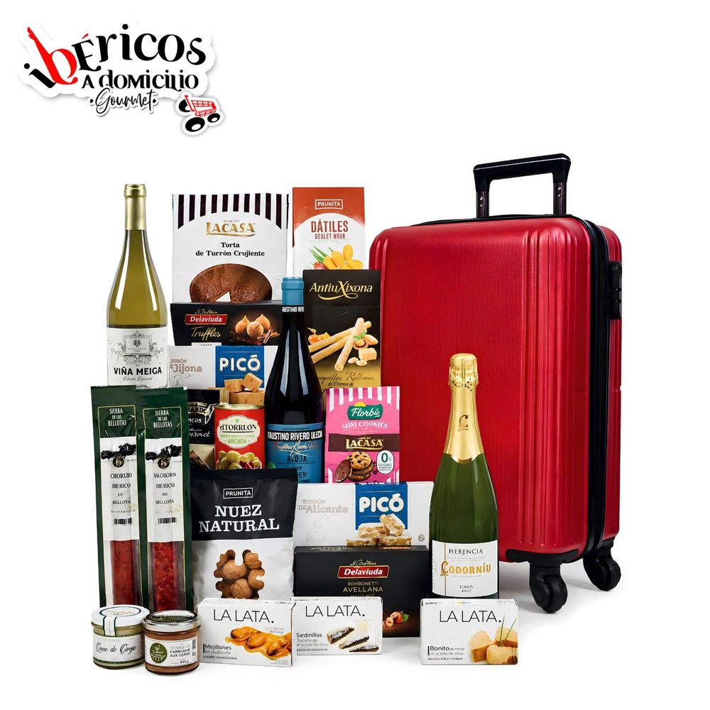 Ibéricos a Domicilio Gourmet Maleta de Navidad con Embutidos Ibéricos, 2 Vinos Rioja, Cava, Turrones y Delicias Gourmet (Lote 210)