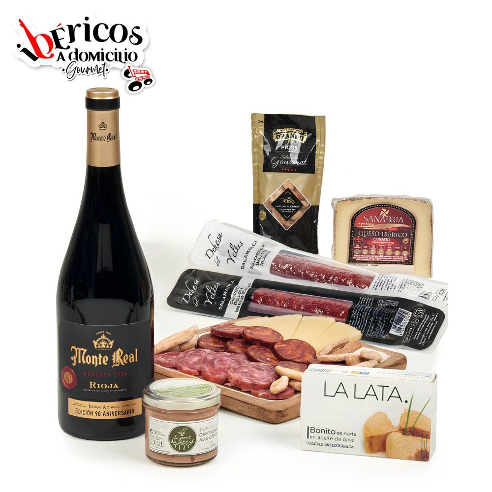 Ibéricos a Domicilio Gourmet Lote de Navidad Gourmet 212 - Cesta Regalo con Vino Tinto Monte Real Rioja Reserva, Ibéricos Bellota