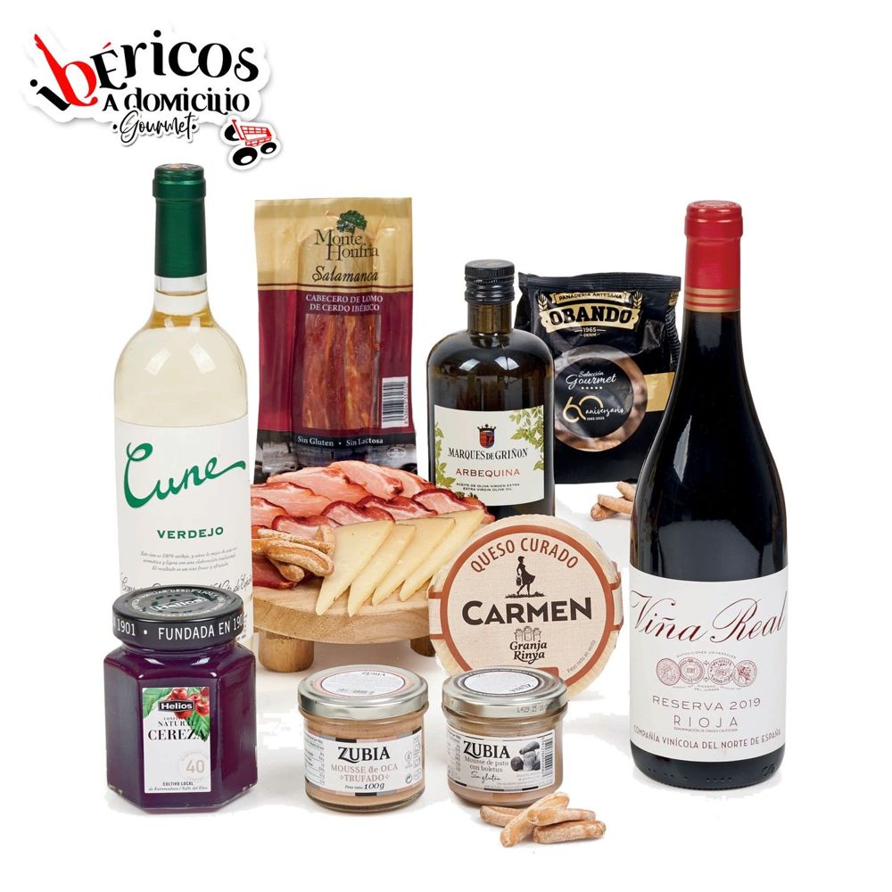 Ibéricos a Domicilio Gourmet Lote Gourmet de Navidad con Queso, Embutidos Ibéricos, 2 Vinos Rioja y Conservas Gourmet (Lote 214)