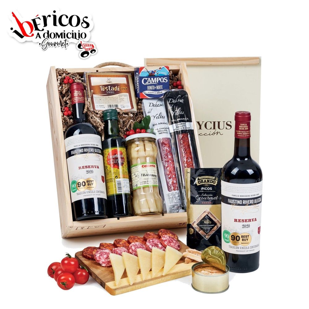 Ibéricos a Domicilio Gourmet Lote Gourmet de Navidad con Queso, Embutidos Ibéricos, 2 Vinos Utiel-Requena y Conservas Gourmet (Lote 215)