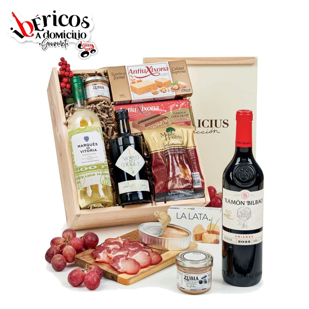 Ibéricos a Domicilio Gourmet Lote Gourmet de Navidad con Embutidos Ibéricos, 2 Vinos Rioja, Turrones y Conservas Gourmet (Lote 217)