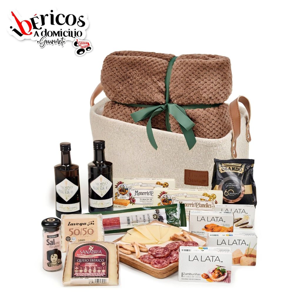 Ibéricos a Domicilio Gourmet Cesta de Navidad Gourmet 220 SIN ALCOHOL con Manta Polar - Lote Regalo con Quesos Viejos, Ibéricos de Bellota