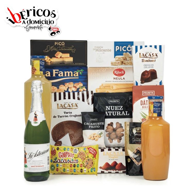 Ibéricos a Domicilio Gourmet Cesta de Navidad 224 SIN ALCOHOL NI CERDO (Apto Halal) - Lote Dulces Navideños con Sidra Sin Alcohol