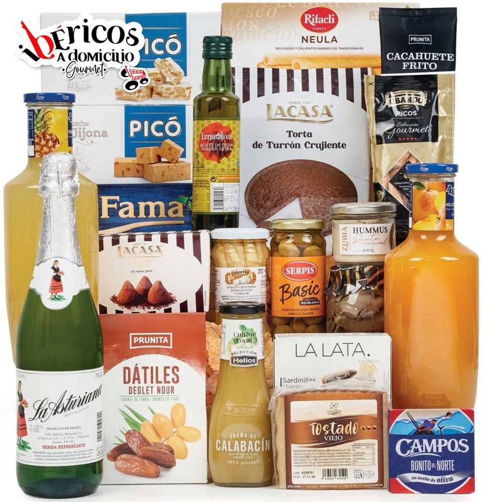 Ibéricos a Domicilio Gourmet Gran Cesta de Navidad Gourmet 225 SIN ALCOHOL - Lote Navideño Completo con Sidra Sin Alcohol, Queso Viejo