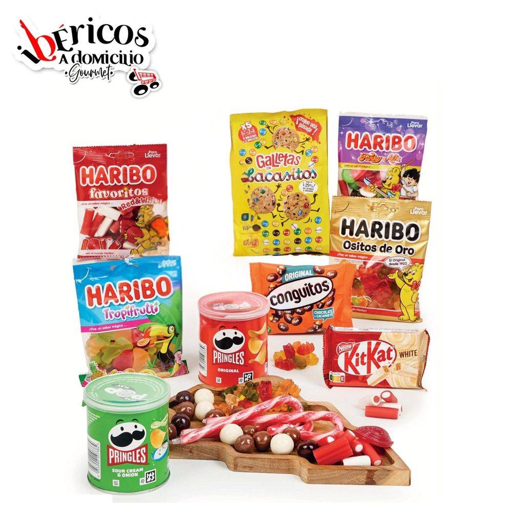 Ibéricos a Domicilio Gourmet Cesta de Navidad Infantil Solidaria 228 SIN ALCOHOL - Lote Dulces y Snacks con Chocolates, Chuches Haribo