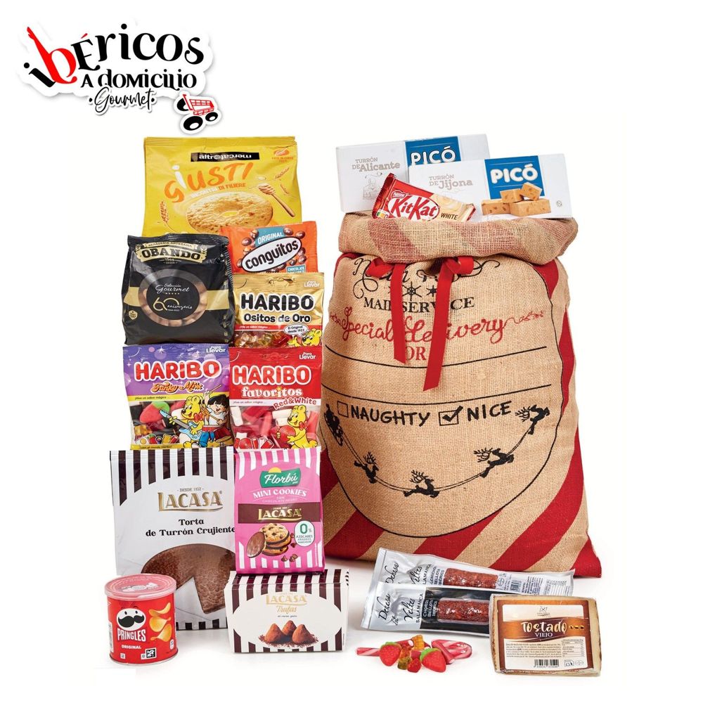 Ibéricos a Domicilio Gourmet Cesta de Navidad Solidaria Familiar 229 SIN ALCOHOL - Saco Regalo Reyes con Ibéricos de Bellota