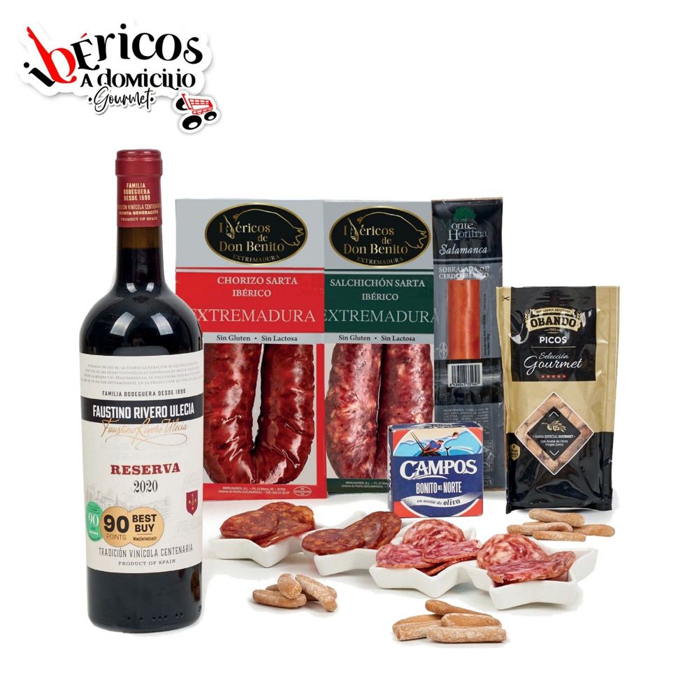 Ibéricos a Domicilio Gourmet Lote de Navidad Gourmet 230 - Cesta Regalo con Vino Tinto Faustino Rivero Reserva
