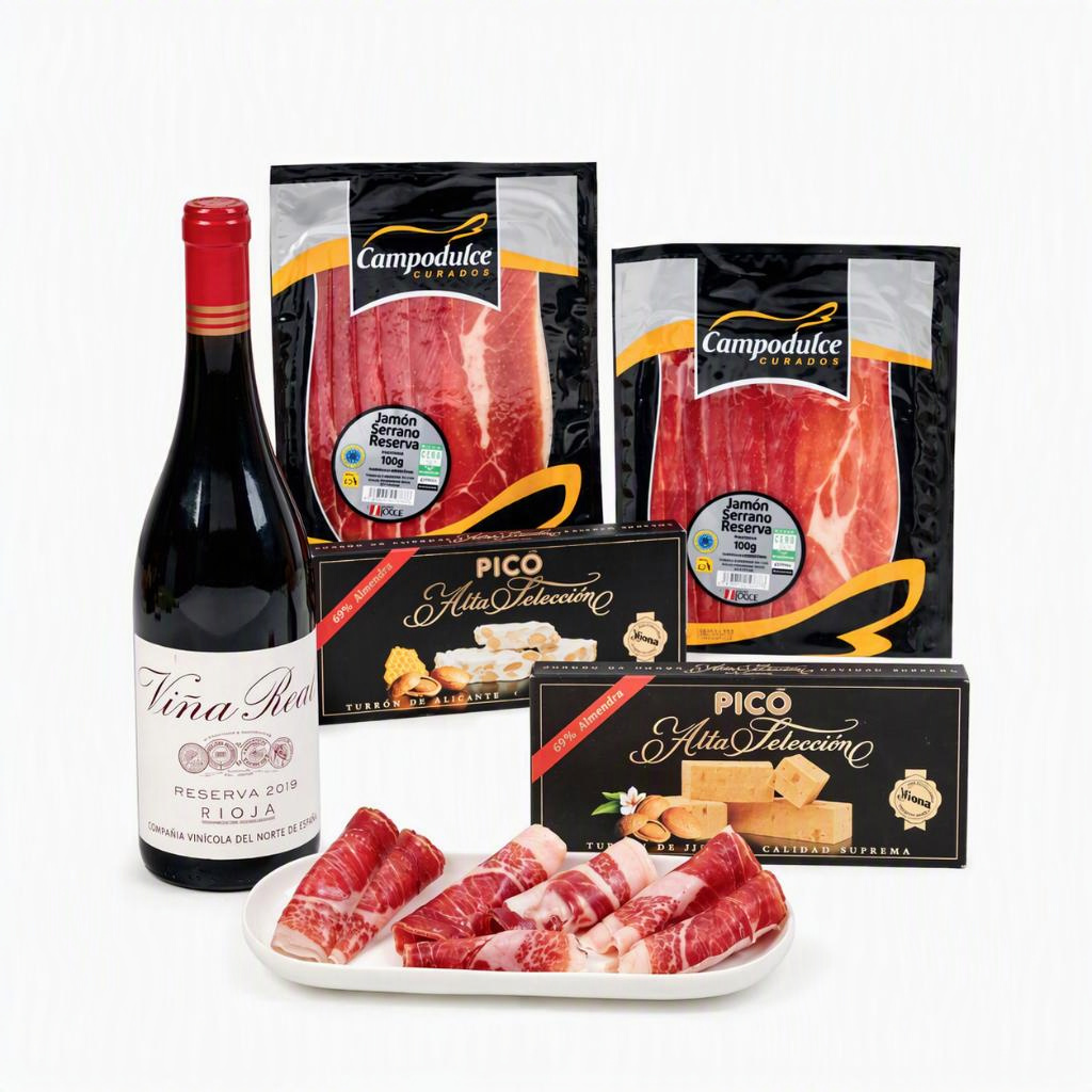 Ibéricos a Domicilio Gourmet Lote Gourmet de Navidad con Jamón Serrano Hembra Reserva Loncheado, Vino Rioja y Turrones (Lote 232)