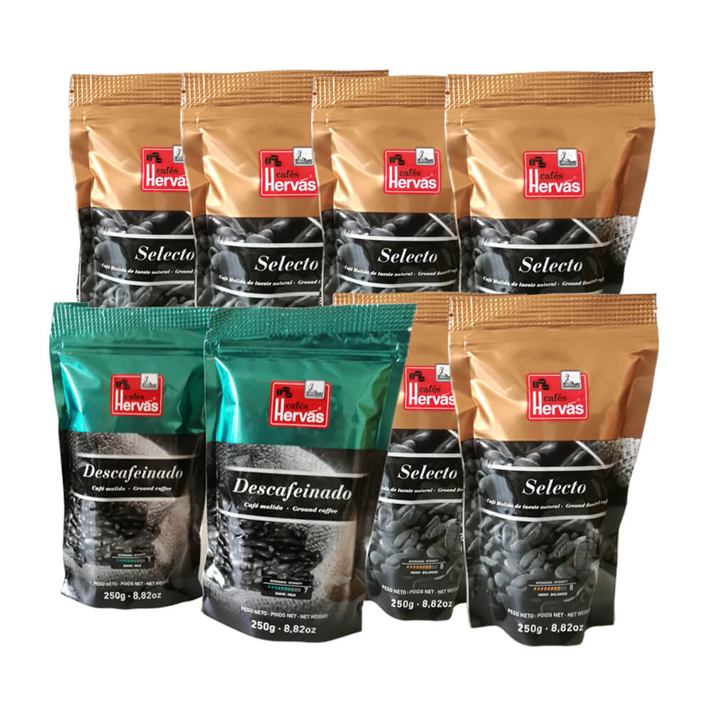 Café tueste natural molido 6 paquetes 250 g y café descafeinado 2 paquetes 250 g