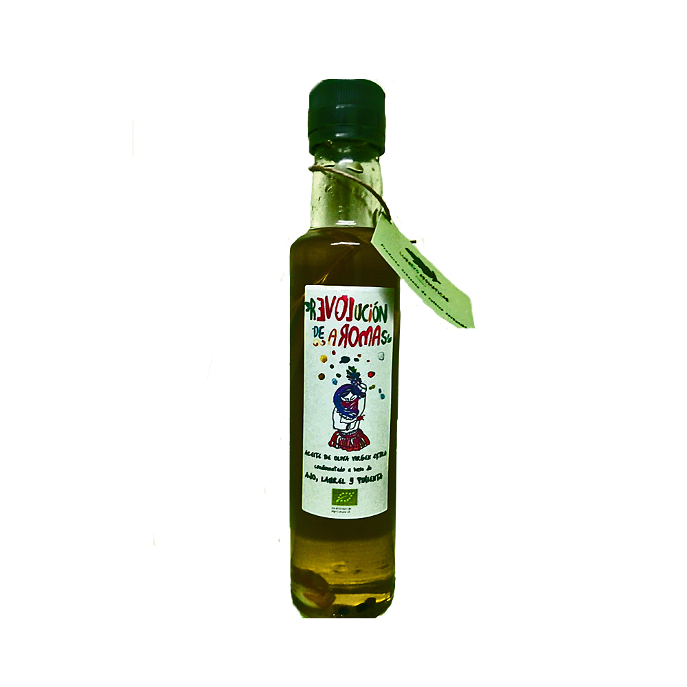 Revolución de aromas Aceite ecológico de oliva virgen extra Condimentado con ajo, laurel y pimienta